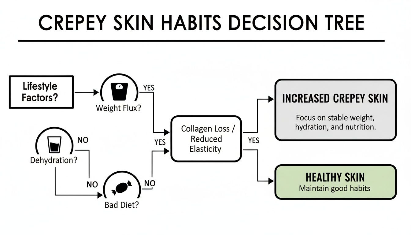 Decision tree diagram illustrating how lifestyle factors like weight, hydration, and diet affect crepey skin.