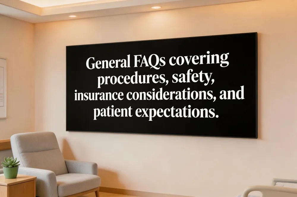 General FAQs covering procedures, safety, insurance considerations, and patient expectations.