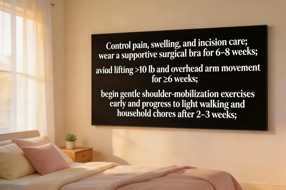 Control pain, swelling, and incision care; wear a supportive surgical bra for 6–8 weeks; avoid lifting >10 lb and overhead arm movement for ≥6 weeks; begin gentle shoulder‑mobilization exercises early and progress to light walking and household chores after 2–3 weeks.