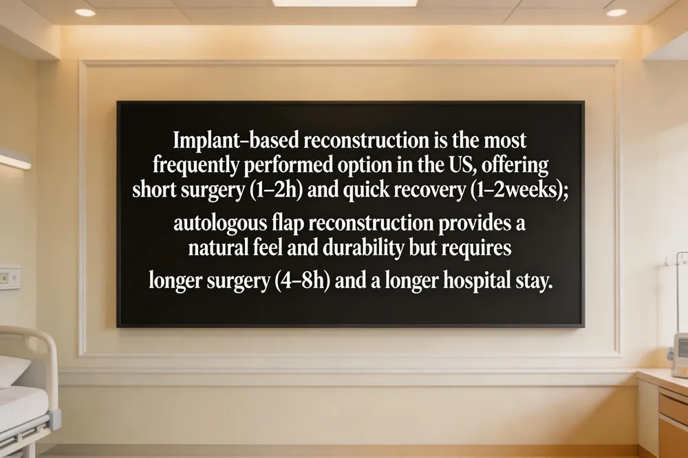 Implant‑based reconstruction is the most frequently performed option in the US, offering short surgery (1–2 h) and quick recovery (1–2 weeks); autologous flap reconstruction provides a natural feel and durability but requires longer surgery (4–8 h) and a longer hospital stay.