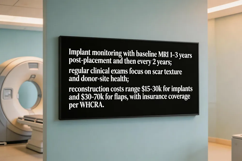 Implant monitoring with baseline MRI 1–3 years post‑placement and then every 2 years; regular clinical exams focus on scar texture and donor‑site health; reconstruction costs range $15‑30 k for implants and $30‑70 k for flaps, with insurance coverage per WHCRA.