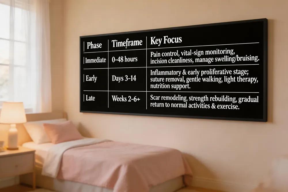 | Phase | Timeframe | Key Focus |
|---|---|---|
| Immediate | 0‑48 hours | Pain control, vital‑sign monitoring, incision cleanliness, manage swelling/bruising. |
| Early | Days 3‑14 | Inflammatory &amp; early proliferative stage; suture removal, gentle walking, light therapy, nutrition support. |
| Late | Weeks 2‑6+ | Scar remodeling, strength rebuilding, gradual return to normal activities &amp; exercise. |
