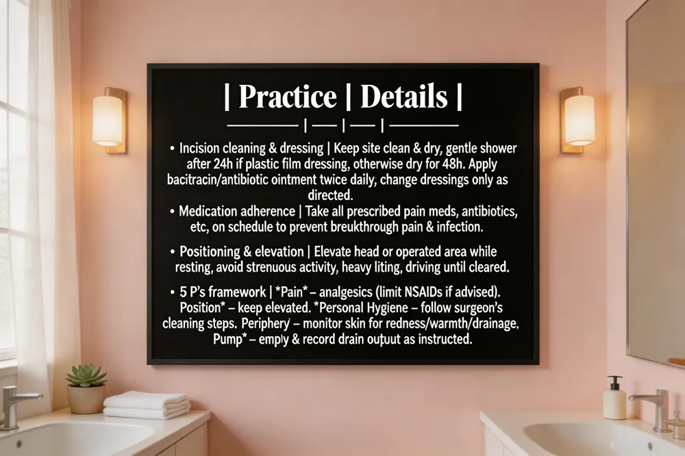 | Practice | Details |
|---|---|
| Incision cleaning &amp; dressing | Keep site clean &amp; dry; gentle shower after 24 h if plastic film dressing, otherwise dry for 48 h. Apply bacitracin/antibiotic ointment twice daily; change dressings only as directed. |
| Medication adherence | Take all prescribed pain meds, antibiotics, etc., on schedule to prevent breakthrough pain &amp; infection. |
| Positioning &amp; elevation | Elevate head or operated area while resting; avoid strenuous activity, heavy lifting, driving until cleared. |
| 5 P’s framework | Pain – analgesics (limit NSAIDs if advised). Position – keep elevated. Personal Hygiene – follow surgeon’s cleaning steps. Periphery – monitor surrounding skin for redness, warmth, drainage, bruising. Pump – if drain present, empty &amp; record output as instructed. |
