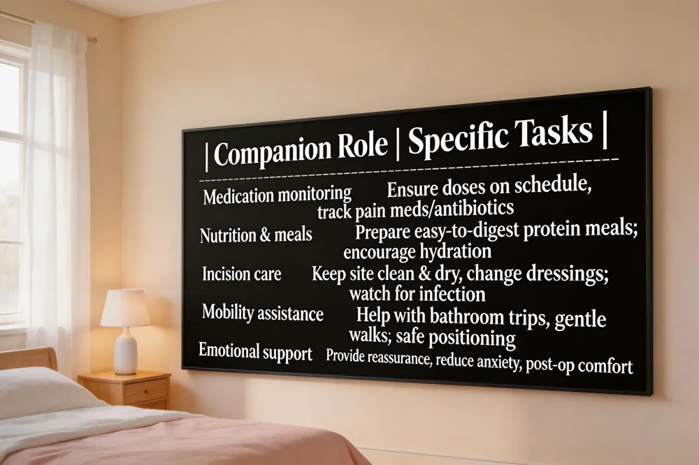 | Companion Role | Specific Tasks |
|---|---|
| Medication monitoring | Ensure doses are taken on schedule, track pain meds, antibiotics. |
| Nutrition &amp; meals | Prepare easy‑to‑digest, protein‑rich meals; encourage adequate hydration. |
| Incision care | Keep site clean &amp; dry, change dressings per instructions, watch for infection signs. |
| Mobility assistance | Help with bathroom trips, encourage gentle walks, ensure safe positioning. |
| Emotional support | Provide reassurance, reduce anxiety, help with post‑operative discomfort. |