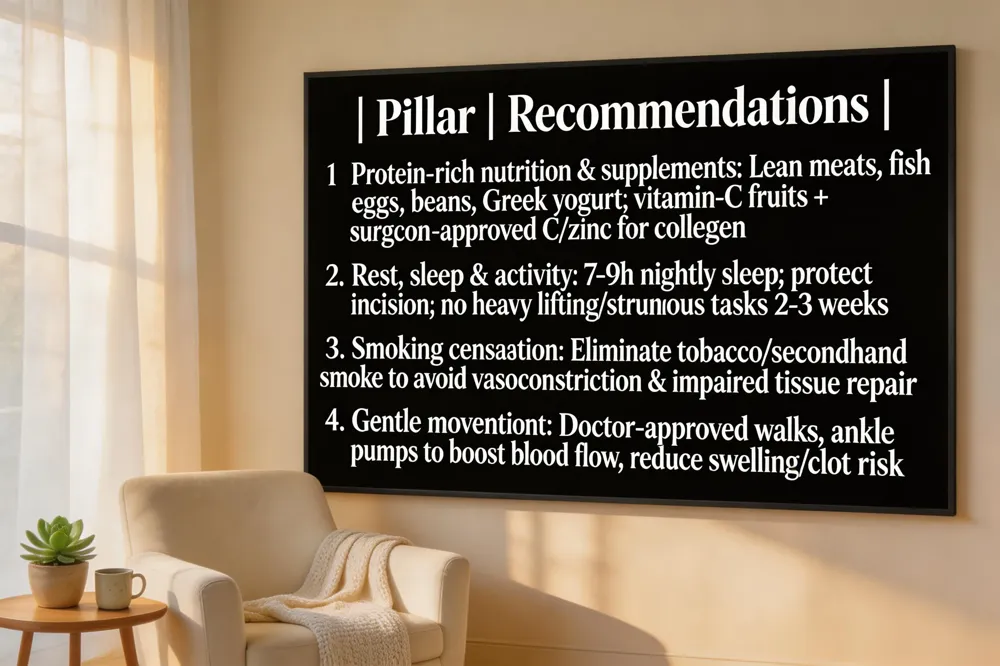 | Pillar | Recommendations |
|---|---|
| Protein‑rich nutrition &amp; supplements | Lean meats, fish, eggs, beans, Greek yogurt; vitamin‑C‑rich fruits. Surgeon‑approved vitamin C or zinc supplement to boost collagen. |
| Rest, sleep &amp; activity restrictions | 7‑9 h quality sleep nightly; protect incision; avoid heavy lifting/strenuous tasks for 2‑3 weeks as directed. |
| Smoking cessation | Eliminate all tobacco &amp; second‑hand exposure to avoid vasoconstriction &amp; impaired tissue repair. |
| Gentle movement &amp; circulation | Short doctor‑approved walks, ankle‑pump exercises to promote blood flow, reduce swelling, lower clot risk without stressing wound. |