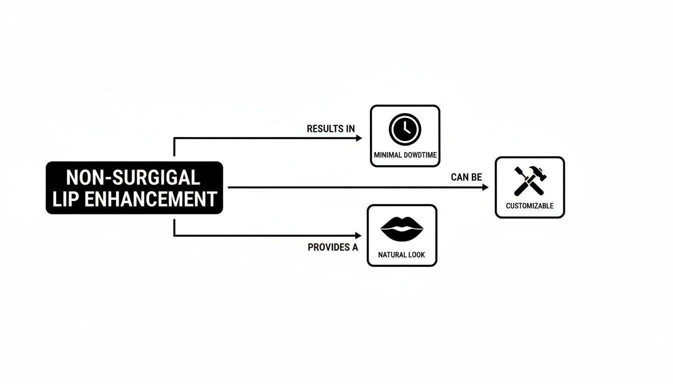 Flowchart illustrating the benefits of non-surgical lip enhancement: minimal downtime, natural look, and customizable results.