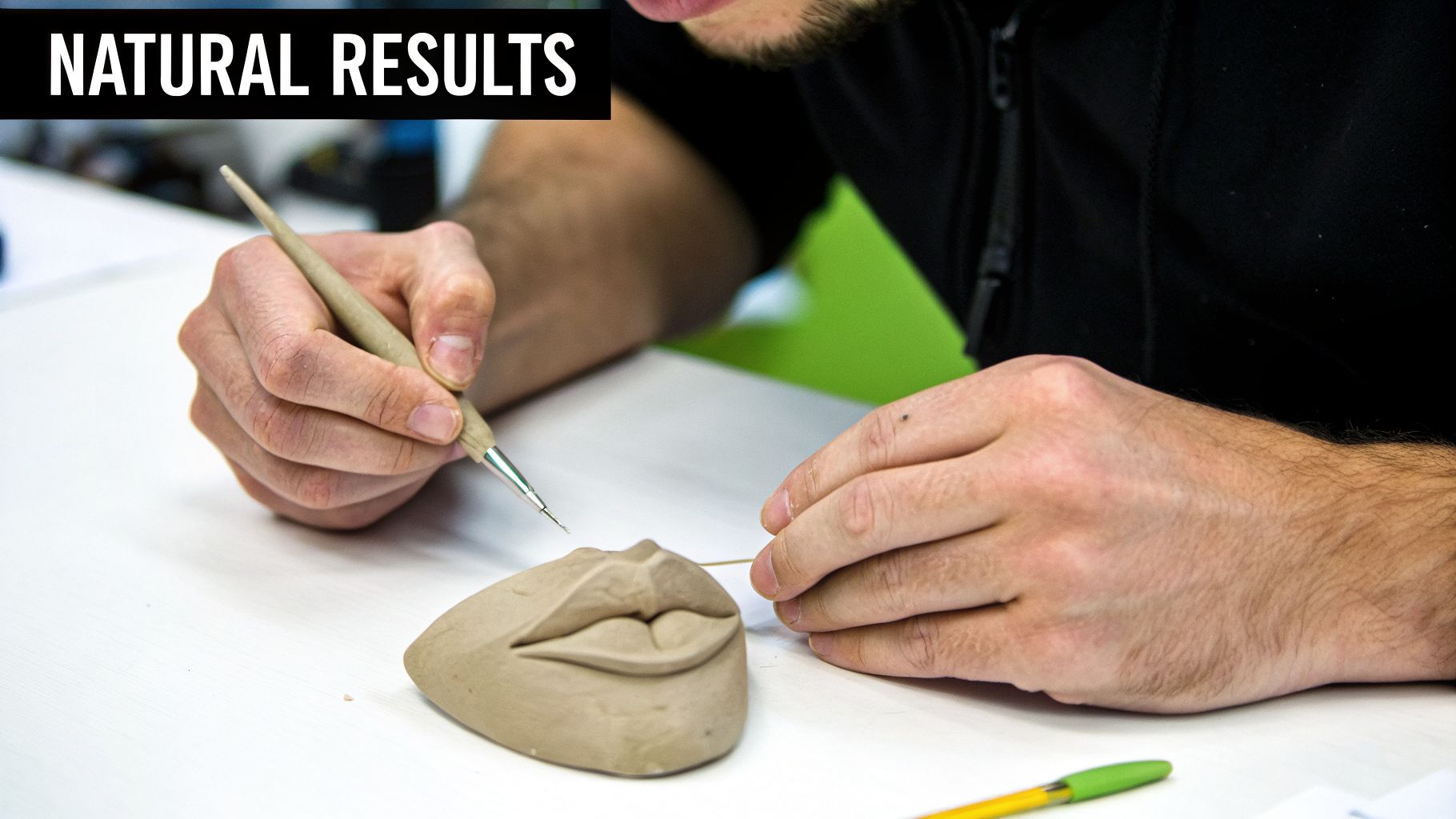 Close-up of hands sculpting natural-looking clay lips with delicate tools on a white table.