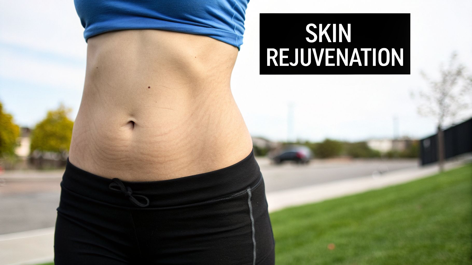 Close-up of a person's abdomen showing stretch marks, with a 'SKIN REJUVENATION' text overlay.