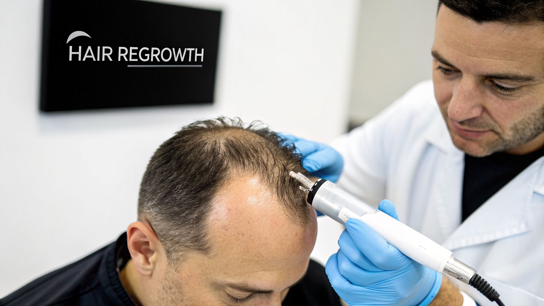 A doctor in blue gloves performs a hair regrowth treatment on a patient's scalp using a specialized device.