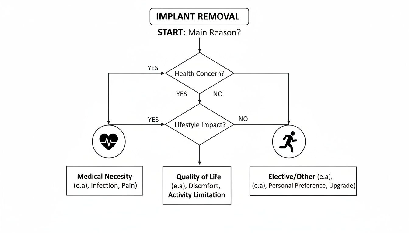 A flowchart illustrates the decision process for implant removal reasons, classifying them into medical necessity, quality of life, or elective.