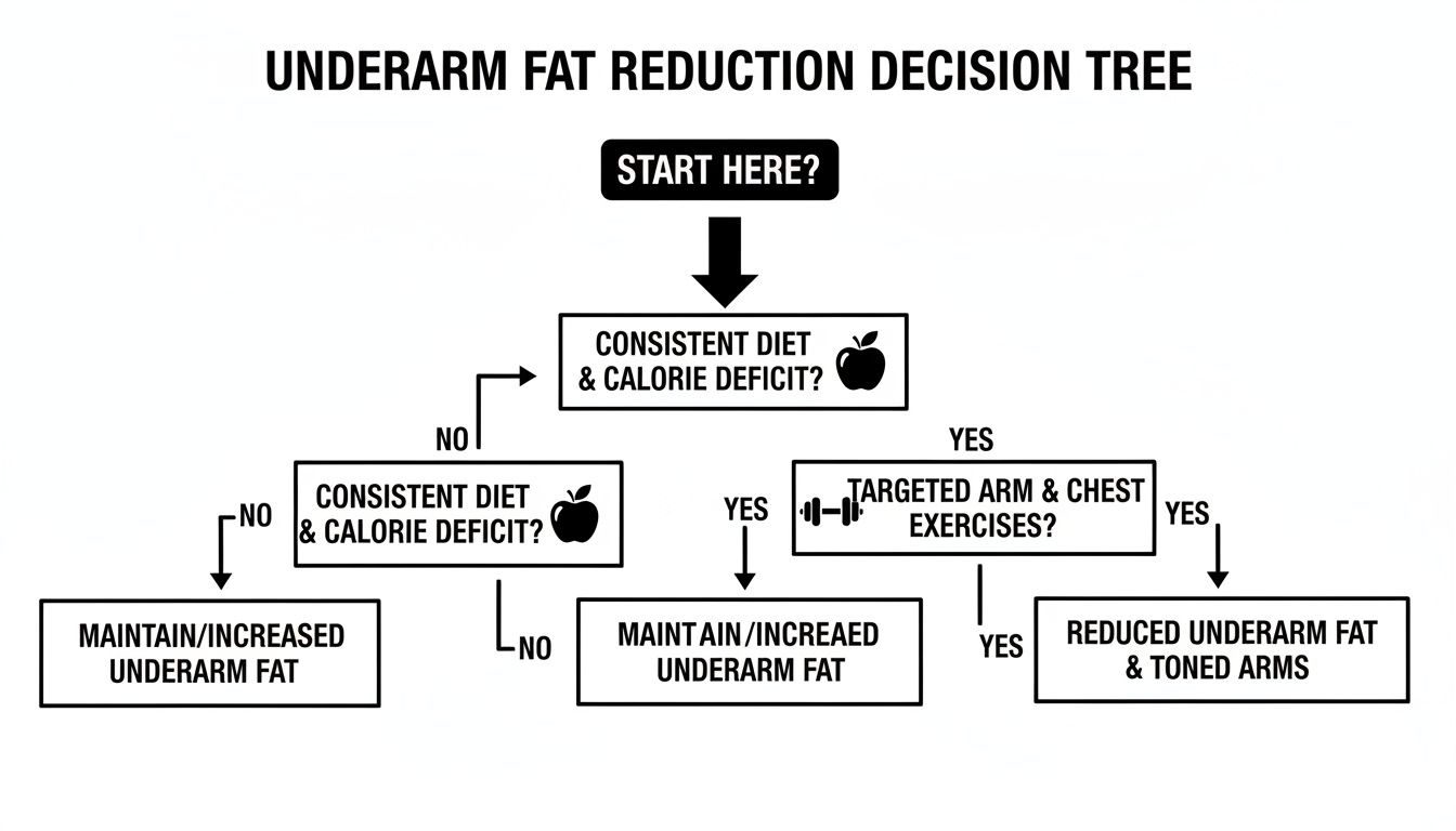 Decision tree outlining steps for underarm fat reduction using diet, calorie deficit, and exercises.
