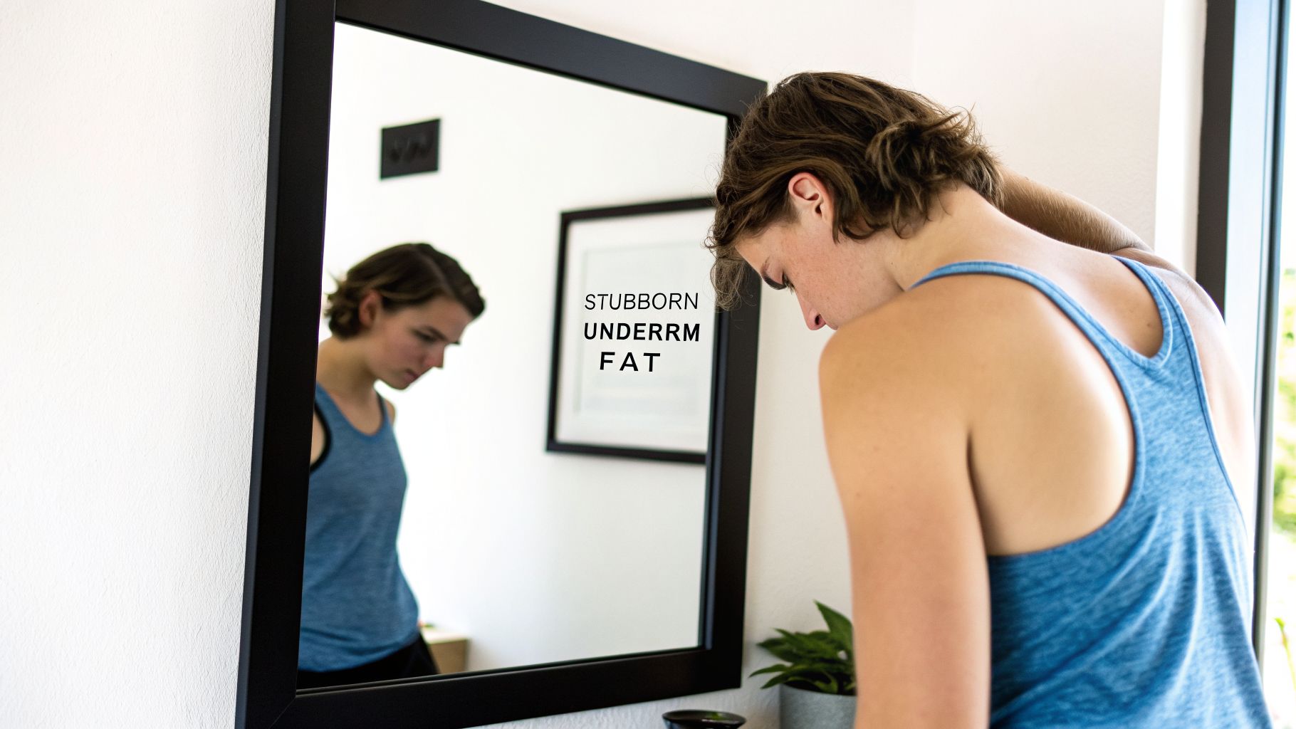 A person in a blue tank top looks at their reflection in a mirror with the text 'Stubborn Underarm Fat'.