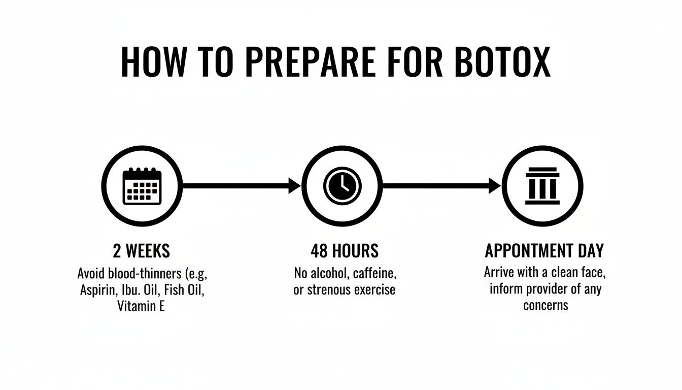 Infographic showing how to prepare for Botox, detailing steps 2 weeks, 48 hours, and on appointment day.