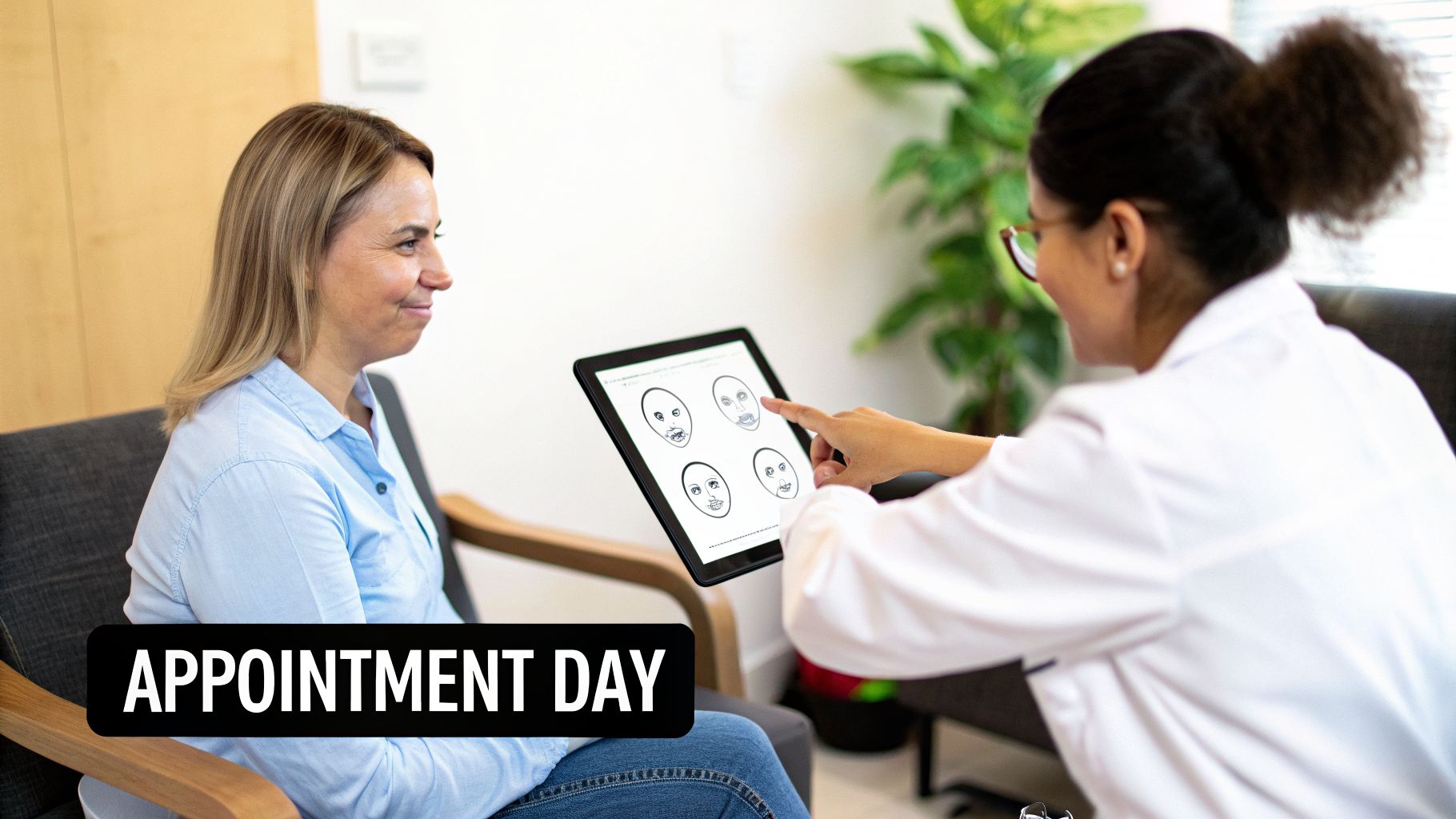 Doctor consults patient using a tablet with facial diagrams, possibly for aesthetic or medical planning.