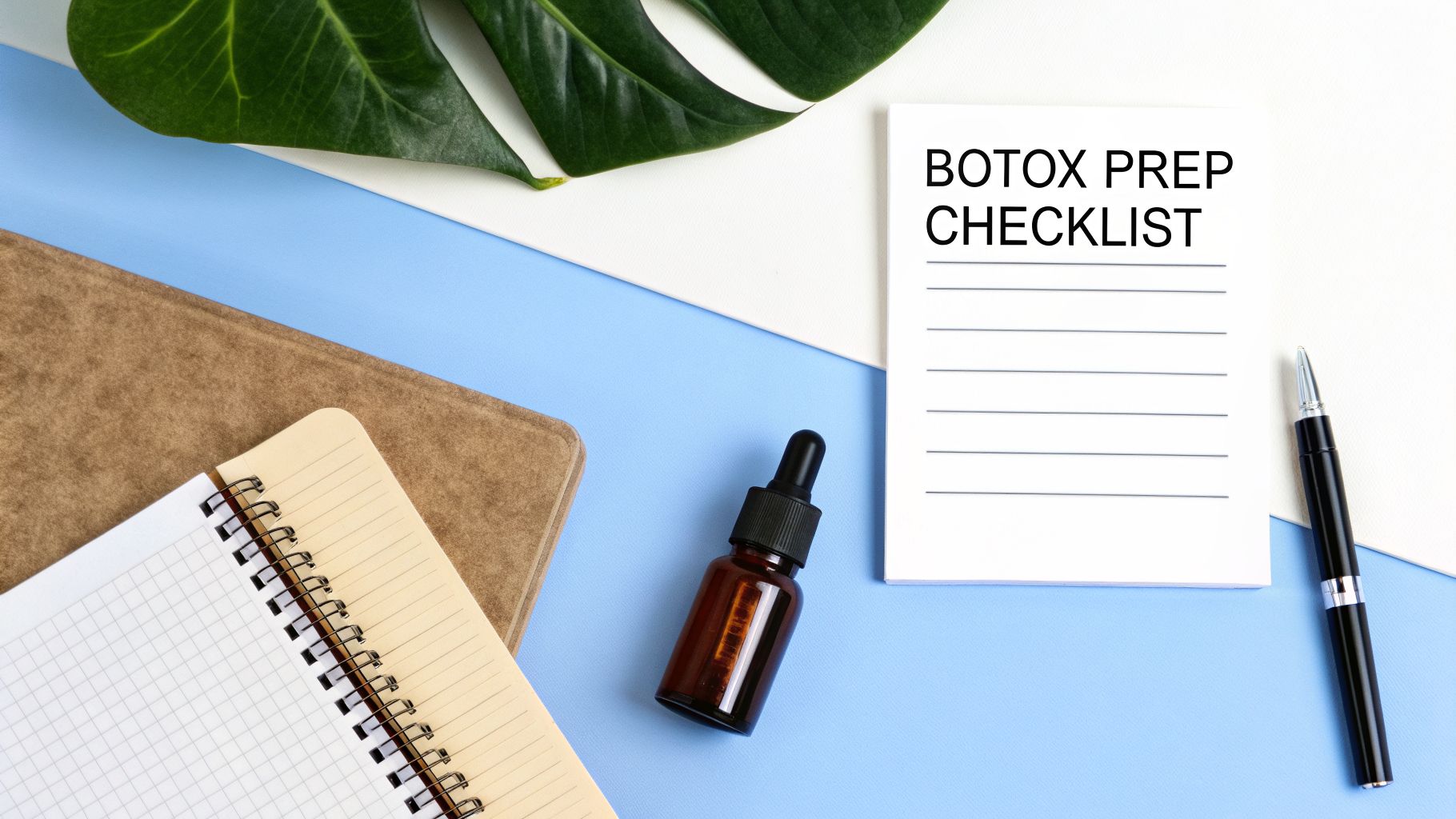 Flat lay of 'Botox Prep Checklist' notepad, pen, dropper bottle, and notebook on a blue and white surface.