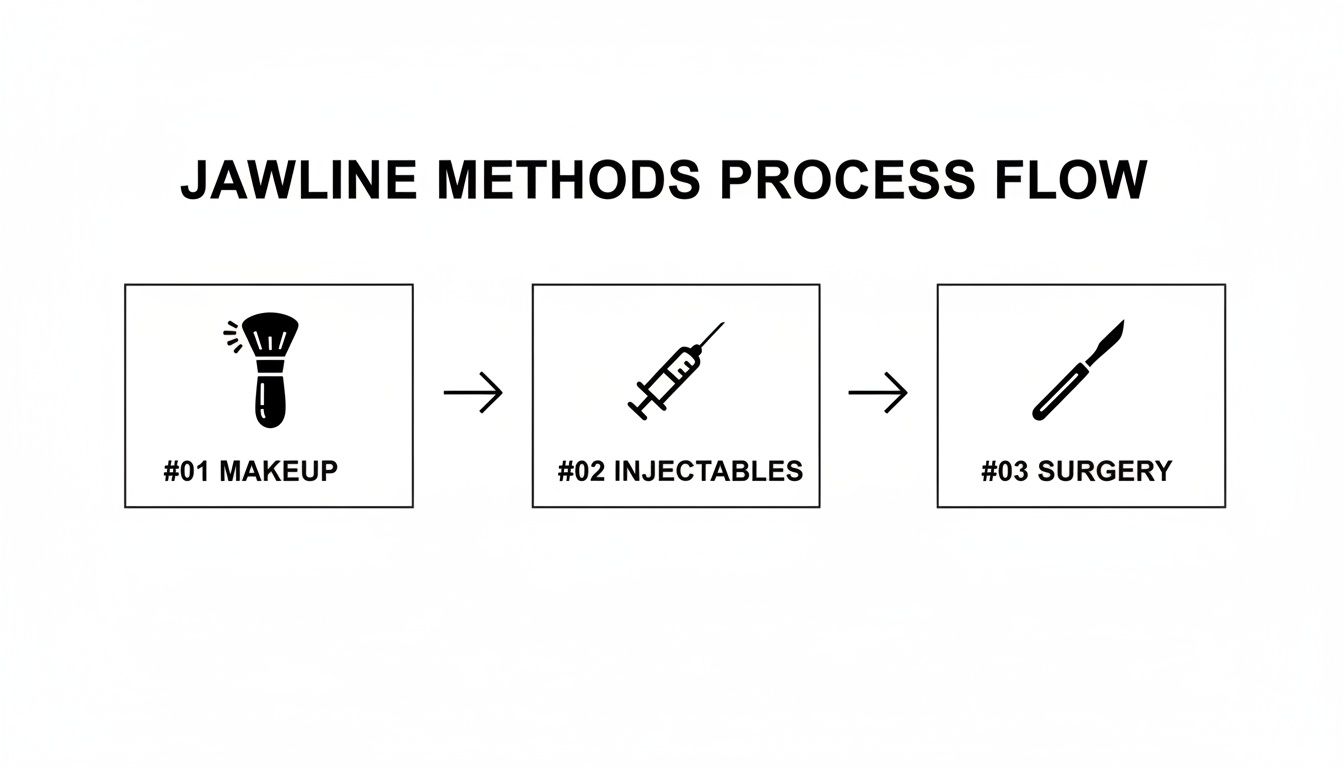 A process flow diagram illustrating jawline enhancement methods: makeup, injectables, and surgery, shown sequentially.