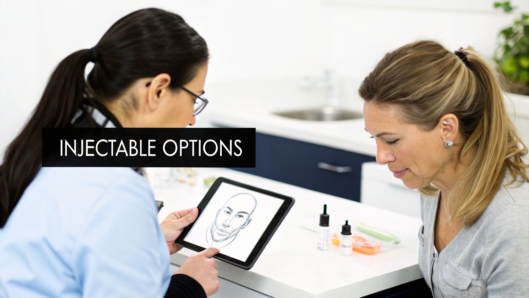 A professional discusses injectable options with a patient, showing a facial diagram on a tablet.