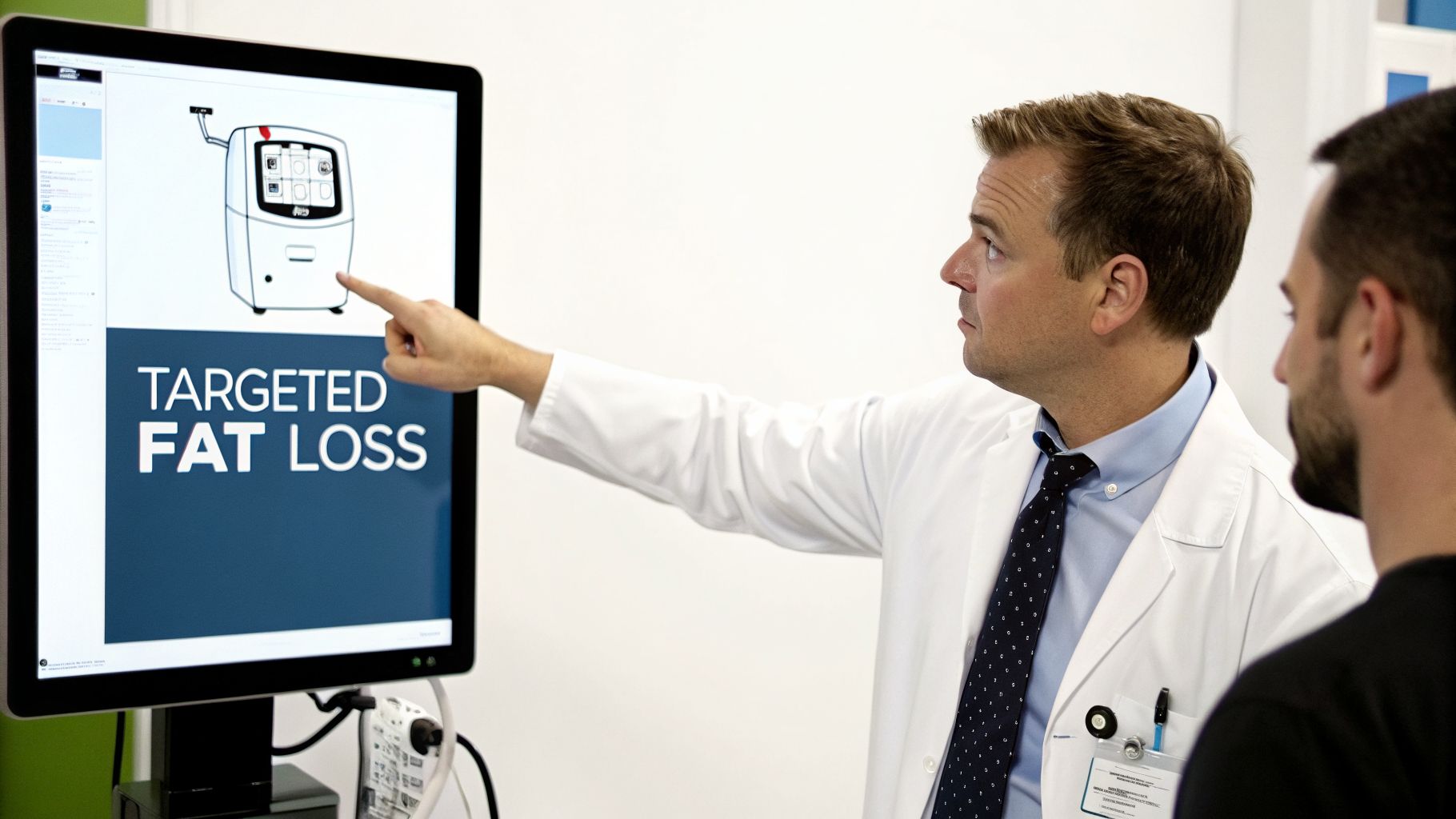 Doctor in a white lab coat points at a screen displaying "Targeted Fat Loss" to a male patient.