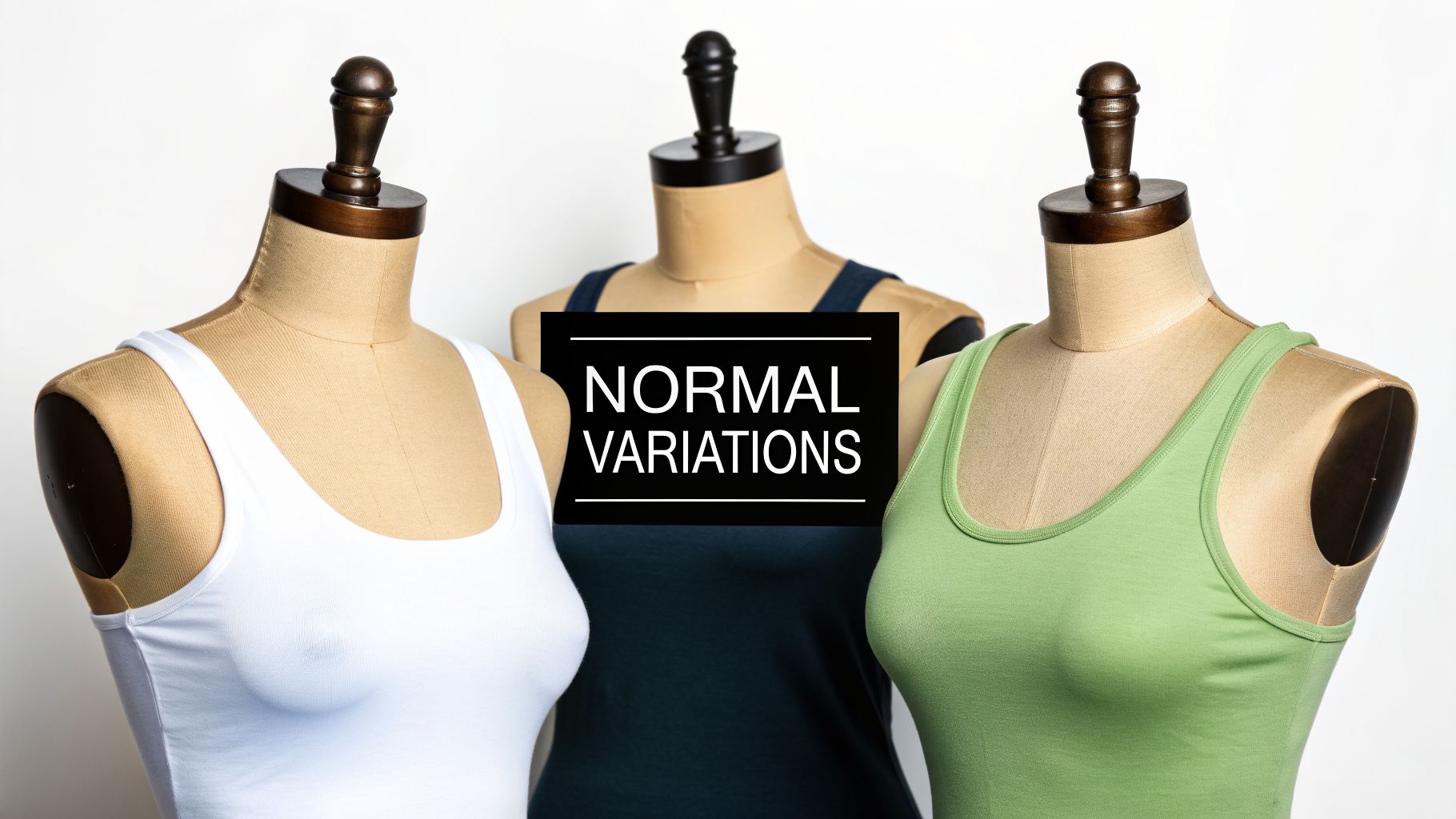 Three display mannequins showcasing tank tops in white, blue, and green, highlighting normal variations.