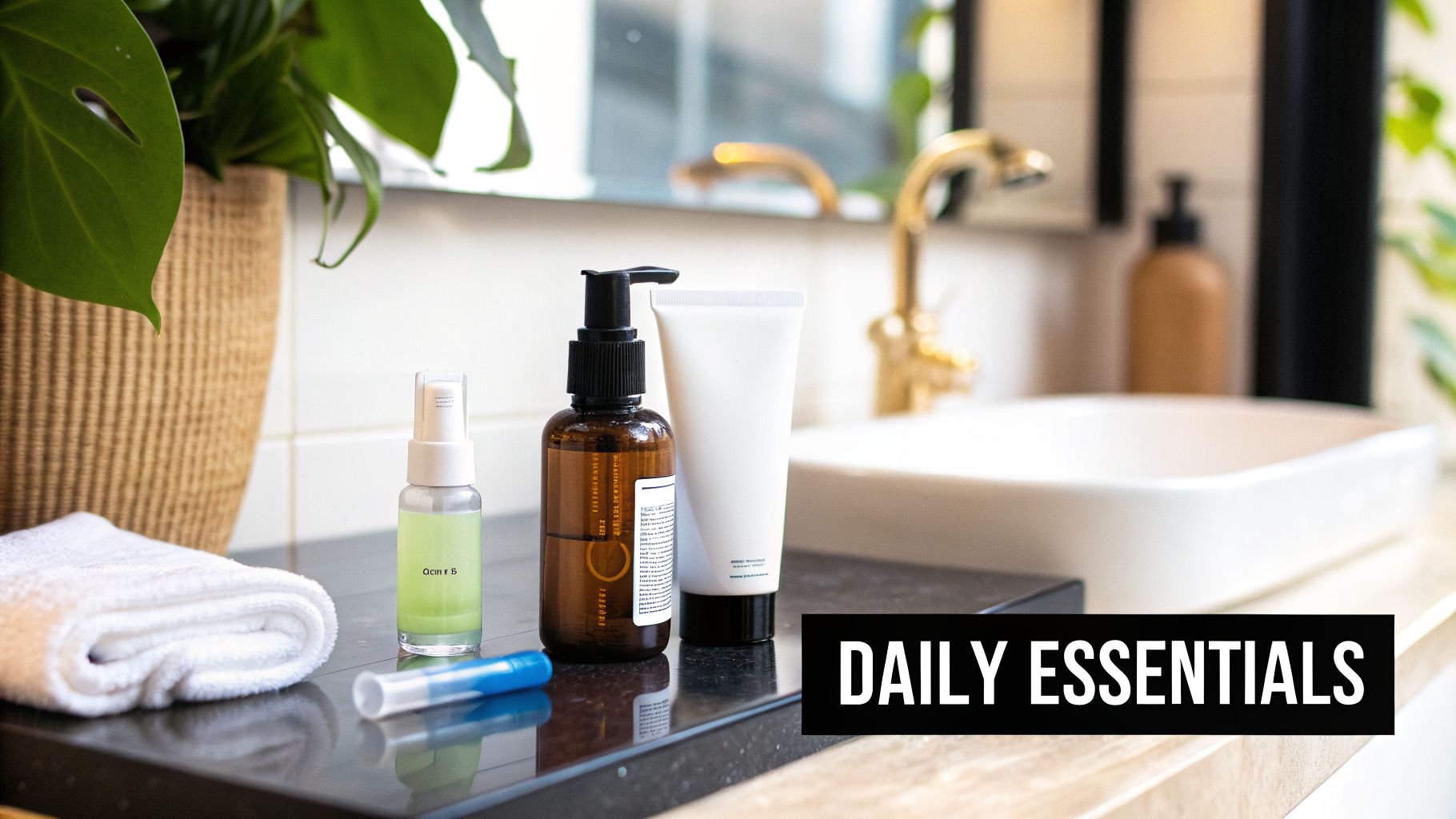 A well-lit bathroom counter featuring various personal care products, a folded white towel, and a green potted plant.