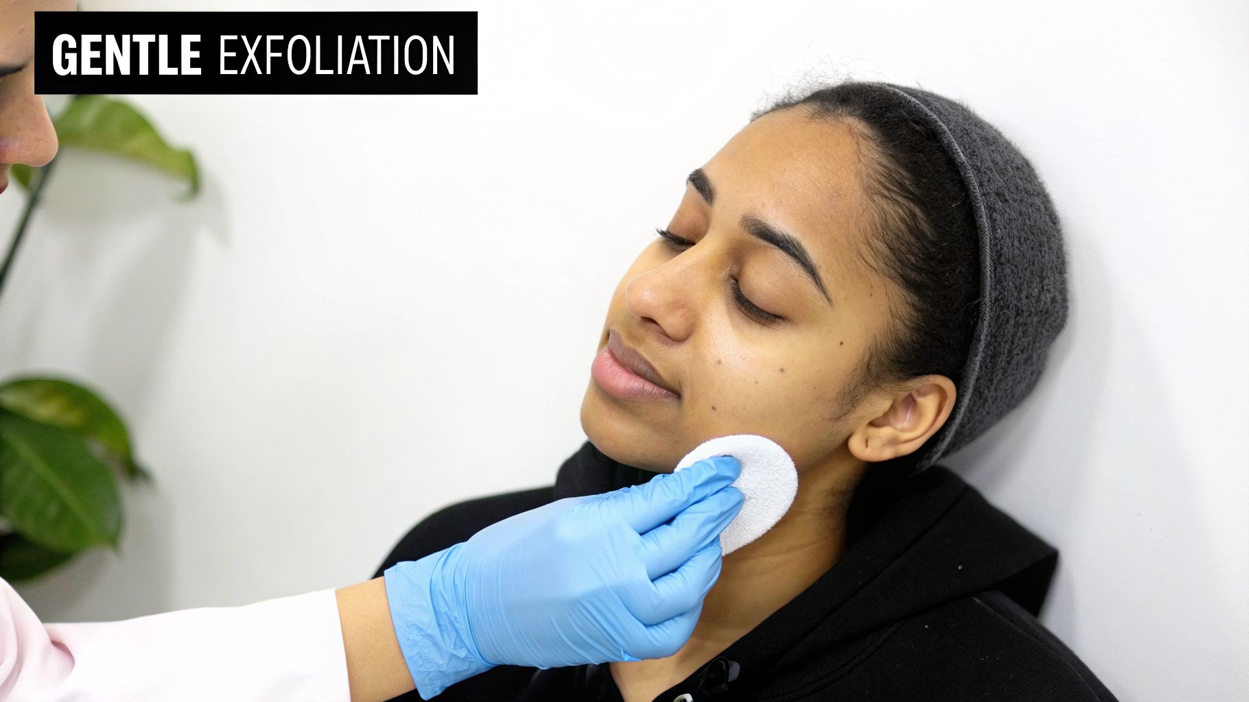 A gloved hand performs gentle exfoliation on a woman's cheek with a white pad.