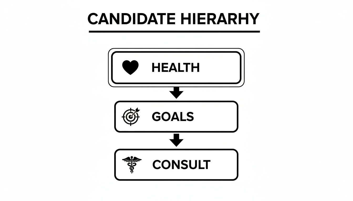 A hierarchy diagram showing three steps: Health with a heart icon, Goals with a target icon, and Consult with a caduceus icon.