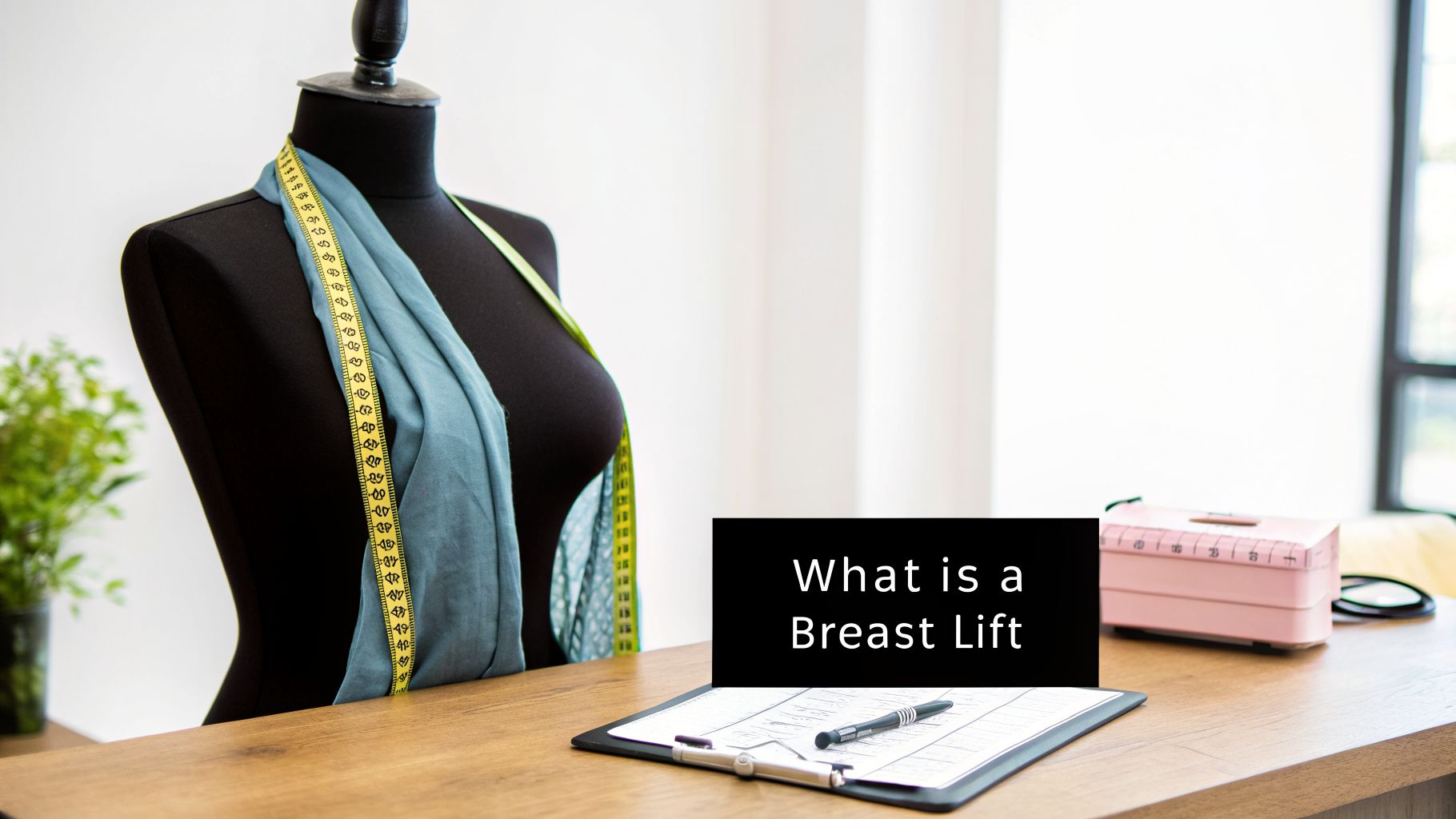 A tailor's dummy with a measuring tape stands on a wooden desk, featuring a sign 'What is a Breast Lift'.