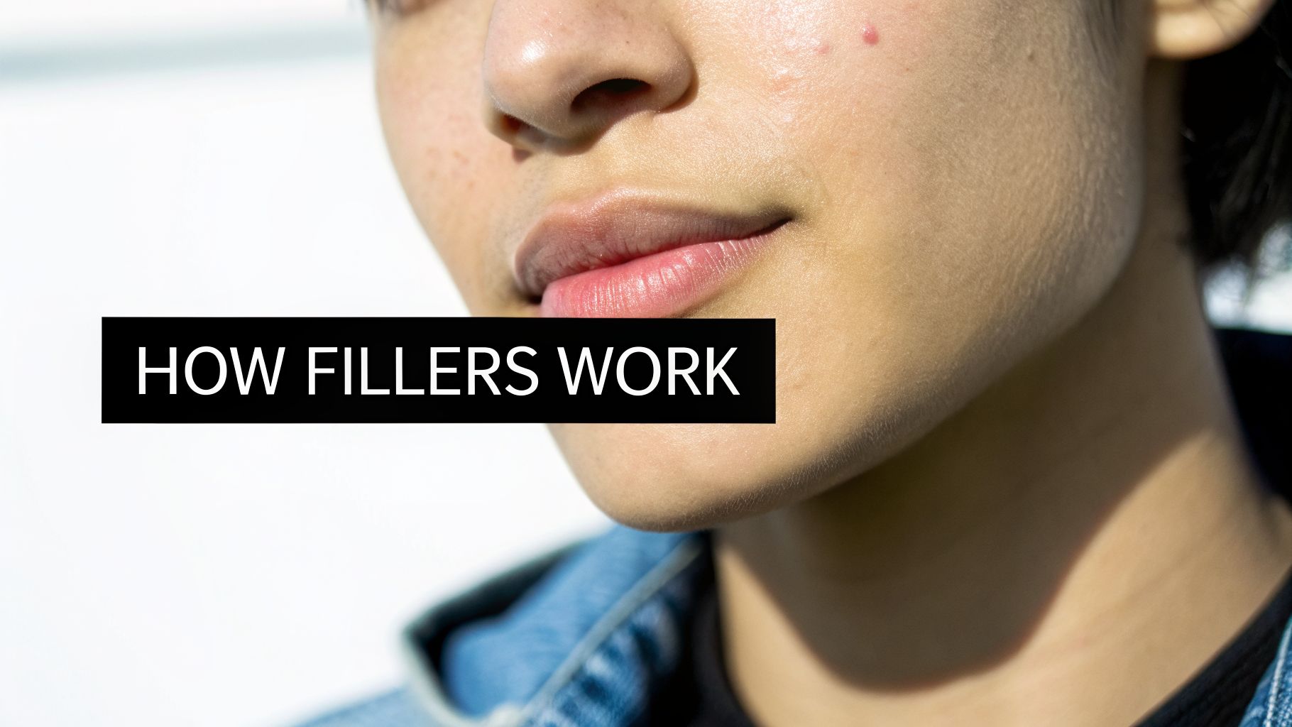 Close-up of a person's lower face and mouth, with text 'HOW FILLERS WORK' on a black bar.