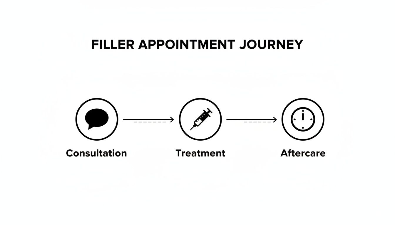 A flowchart illustrating the filler appointment journey with three steps: Consultation, Treatment, and Aftercare.