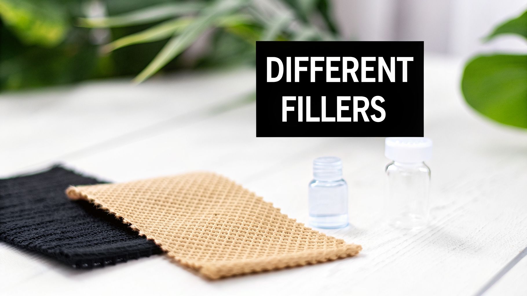Text 'Different Fillers' on a black box, with medical vials and textured fabric samples on a white table.