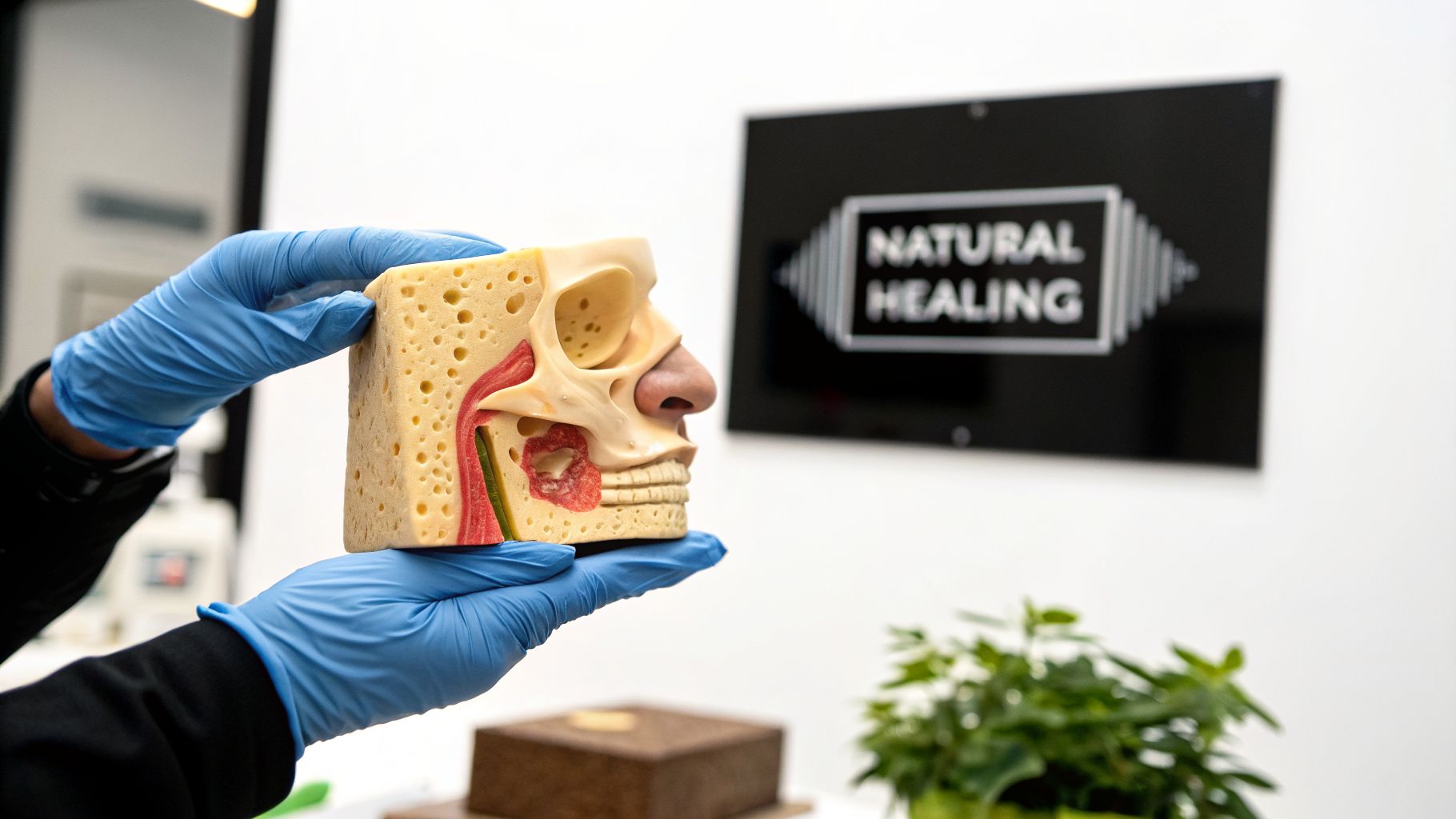 Person in blue gloves holding an anatomical model of a human head showing sinuses and nasal passages.