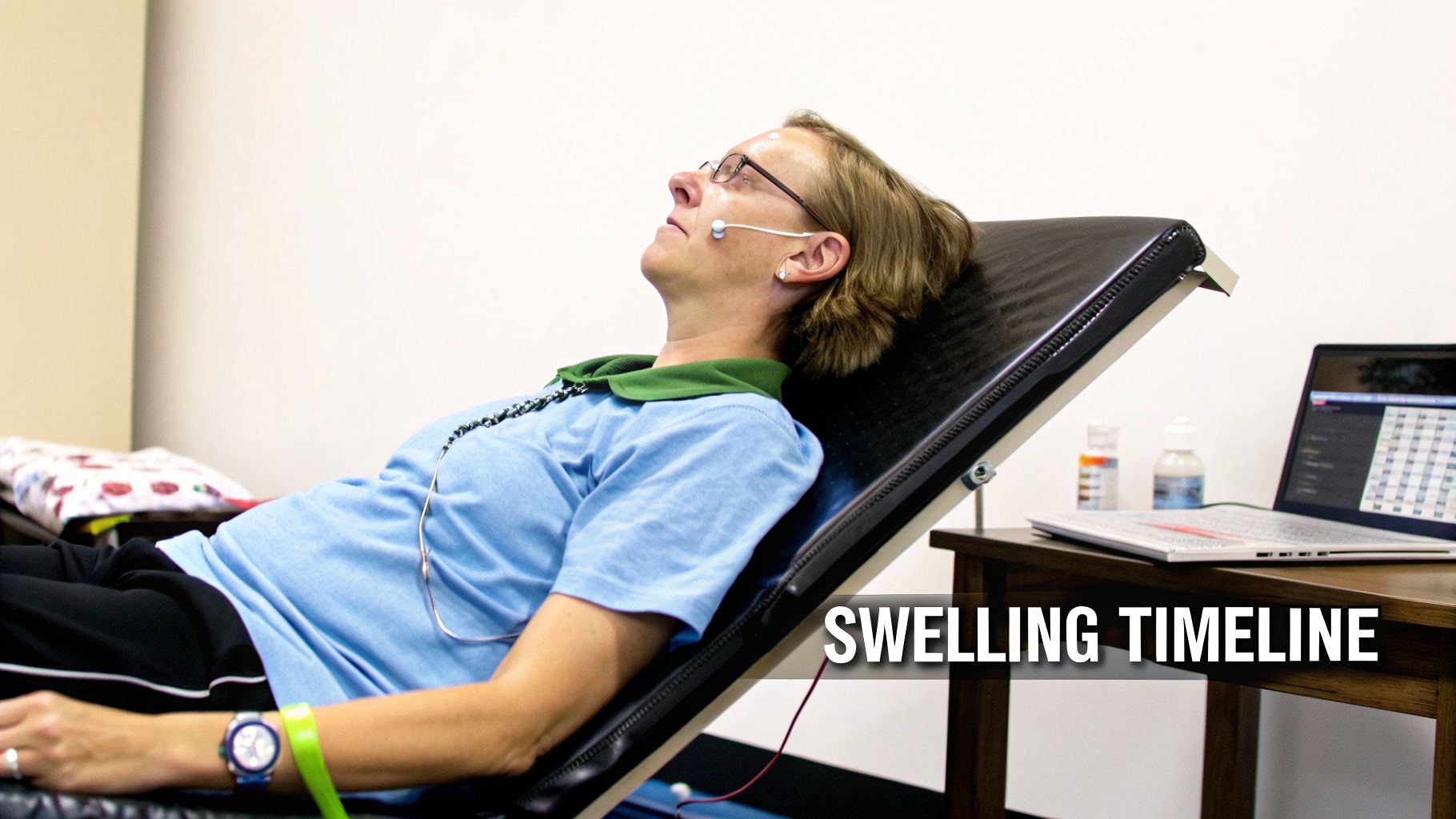 A woman lies on an inclined bed with medical sensors on her face, next to a laptop displaying data.
