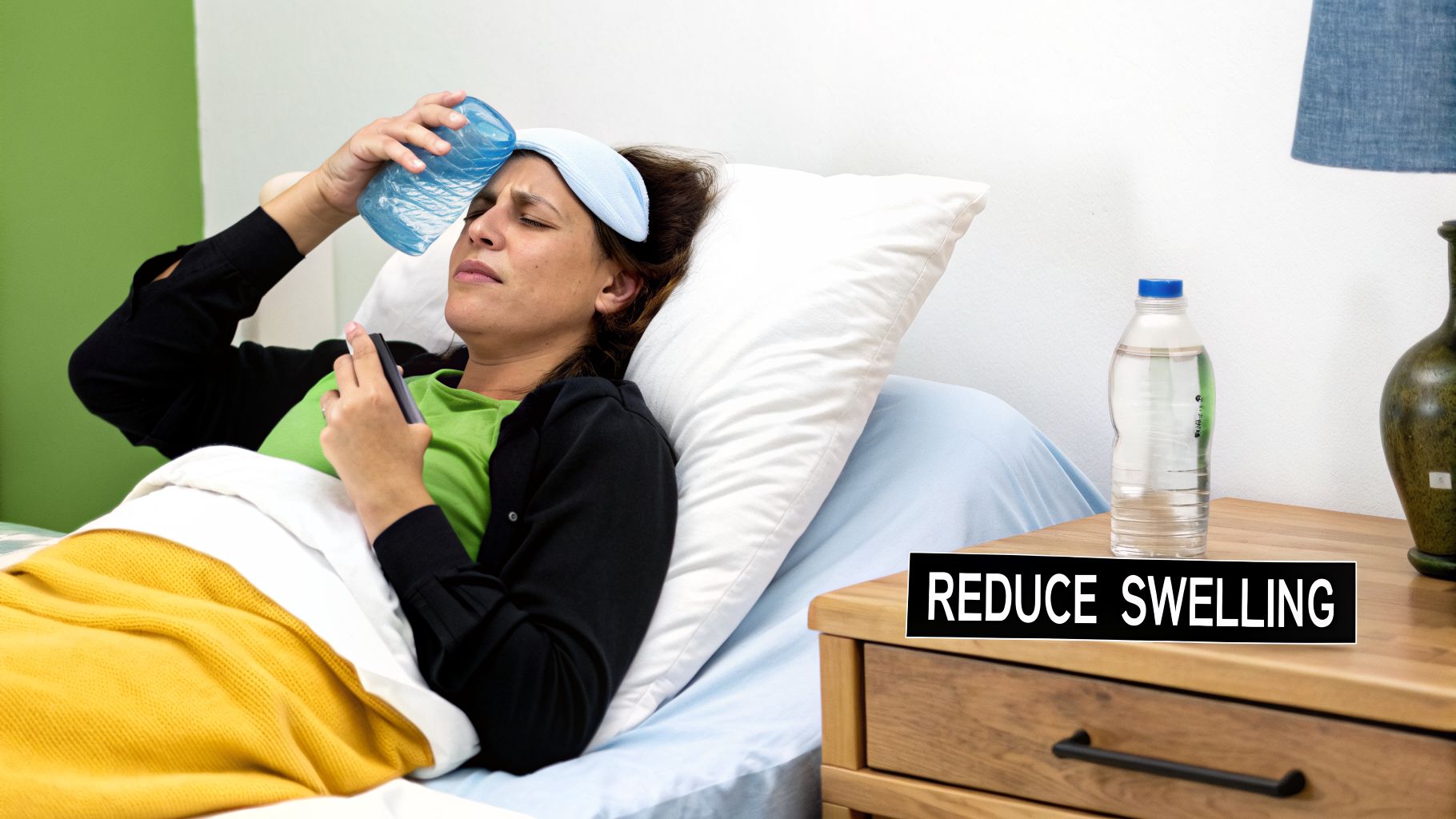 A woman in bed applies a cold compress to her forehead, likely for a headache or swelling.