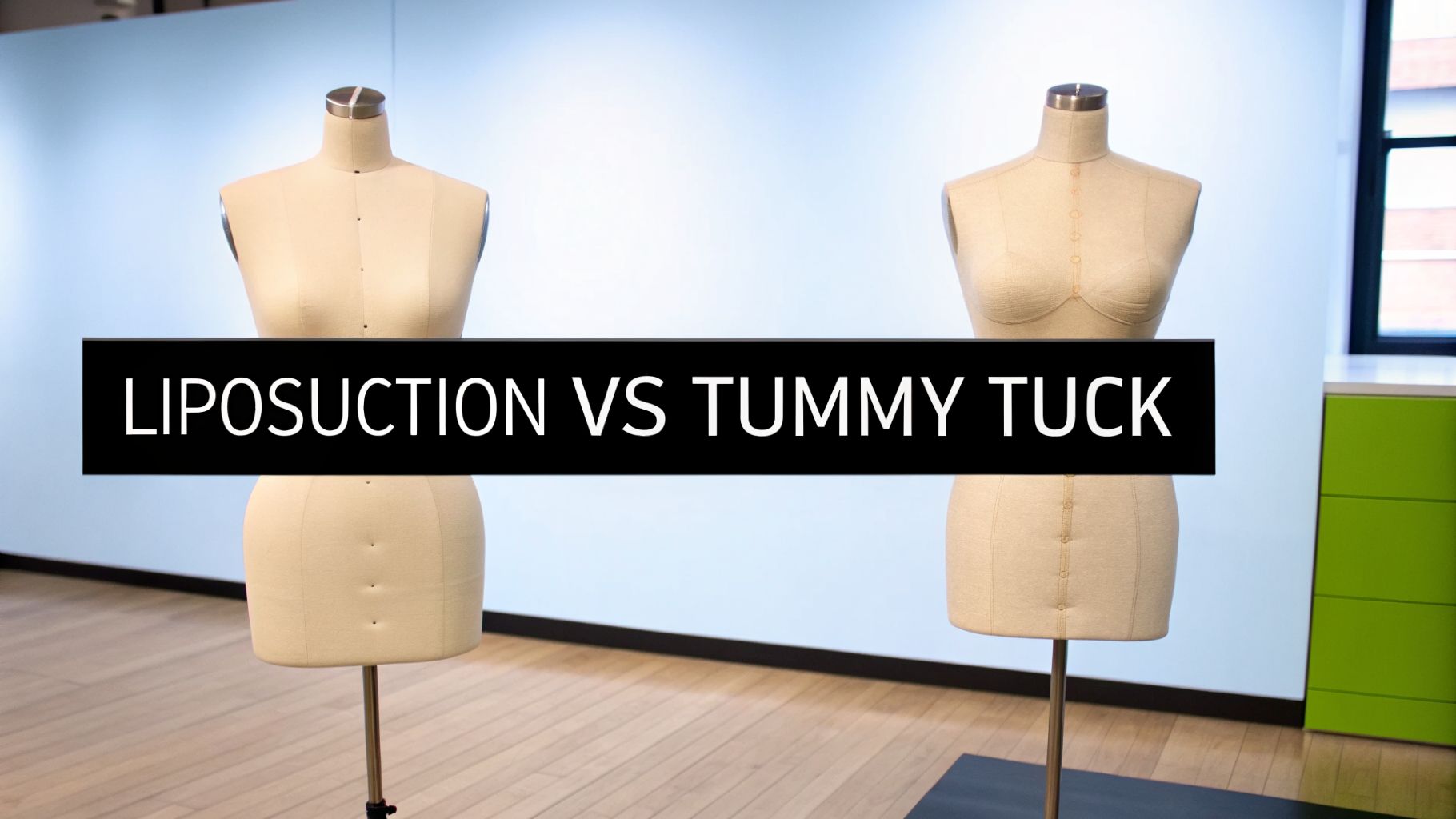 Two dress forms stand with a black banner comparing 'Liposuction vs Tummy Tuck' in a bright room.