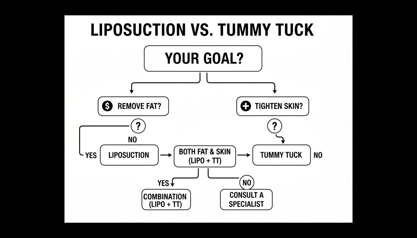 A flowchart comparing liposuction vs. tummy tuck based on goals like fat removal, skin tightening, or both.