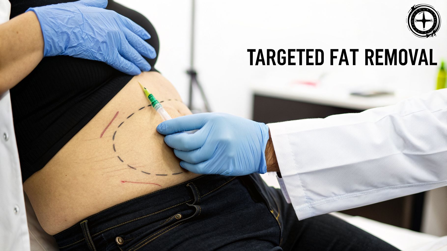 A doctor performs a targeted fat removal procedure on a patient's abdomen, marked with lines.