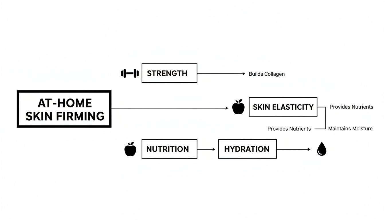 Flowchart showing at-home skin firming methods: strength builds collagen, nutrition leads to hydration and skin elasticity.