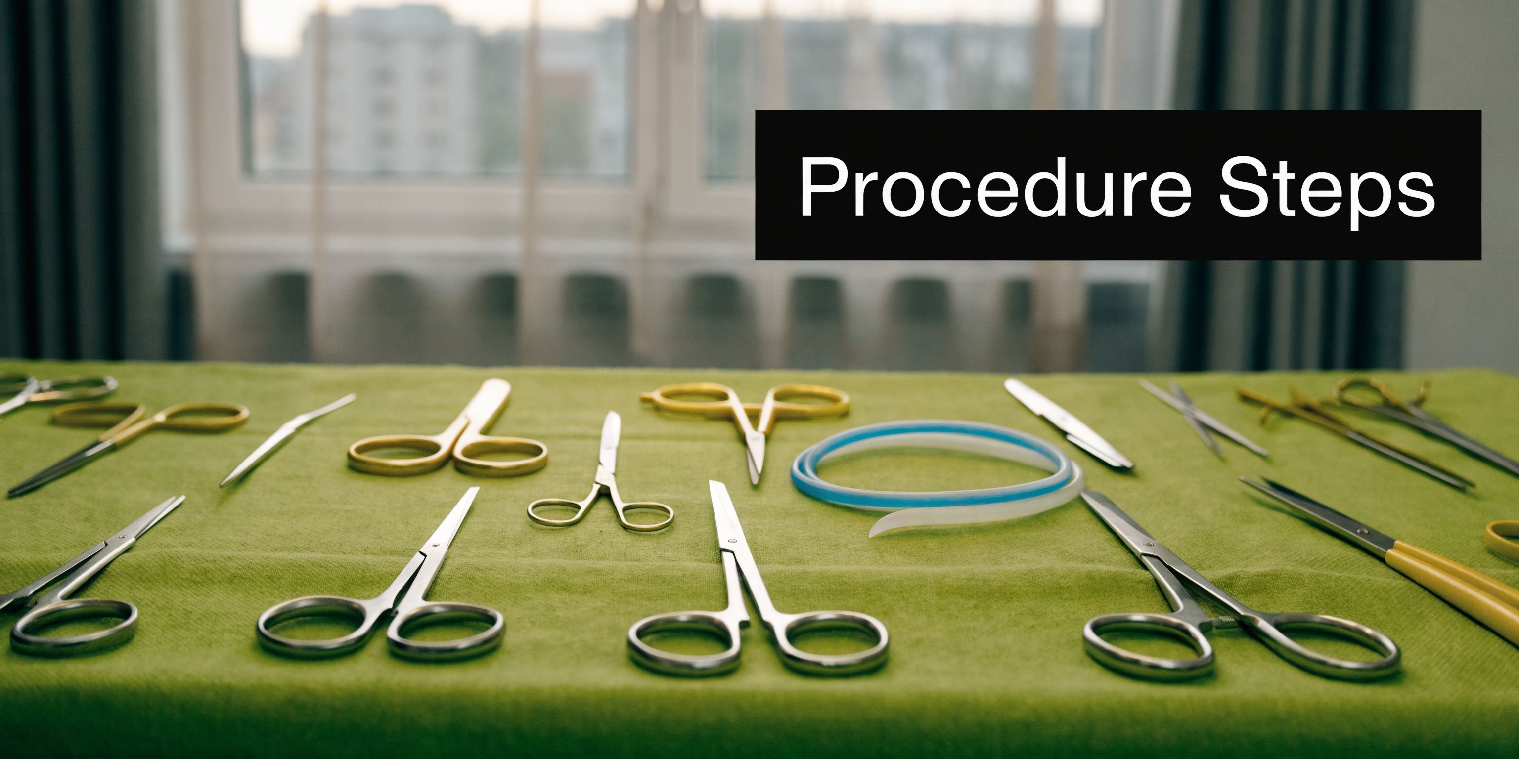 Surgical tools and medical scissors arranged on a green cloth, preparing for a medical procedure.