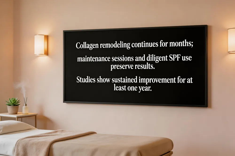 Collagen remodeling continues for months; maintenance sessions and diligent SPF use preserve results. Studies show sustained improvement for at least one year.