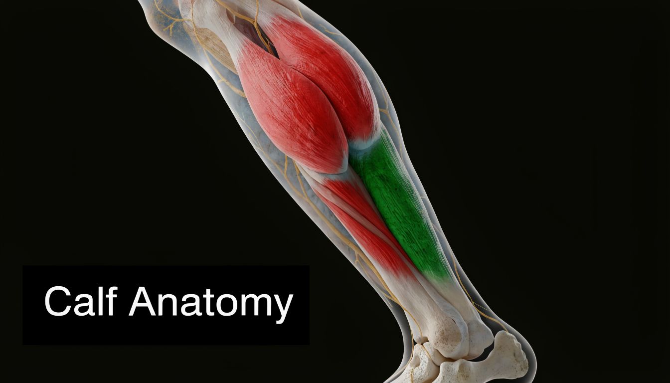 A 3D anatomical illustration highlighting the calf muscles of the human lower leg against a black background.
