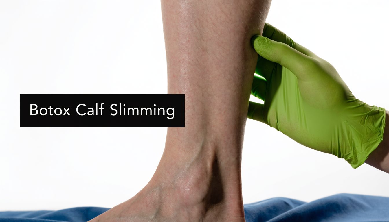 A gloved hand examining a human calf muscle for a professional Botox calf slimming cosmetic procedure.