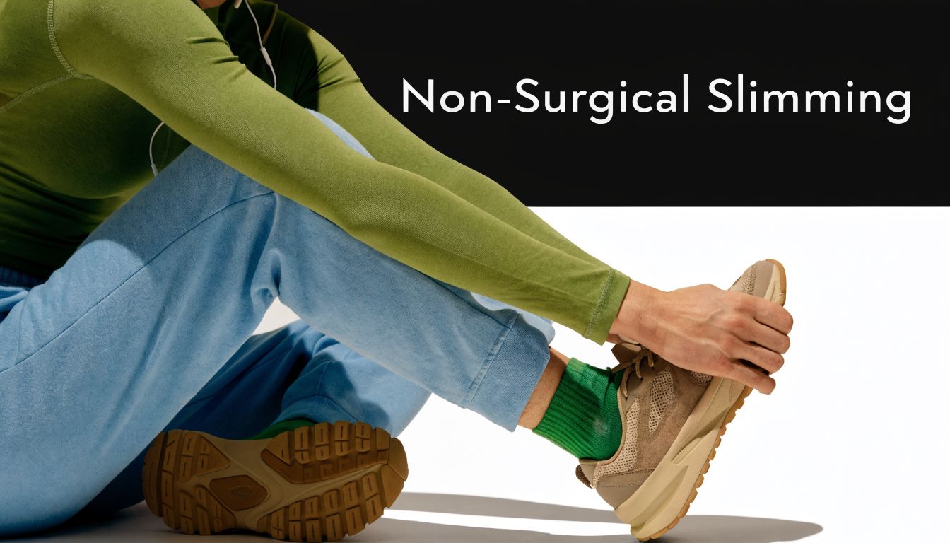 A person sitting down tying their athletic sneaker, with the text Non-Surgical Slimming displayed above them.