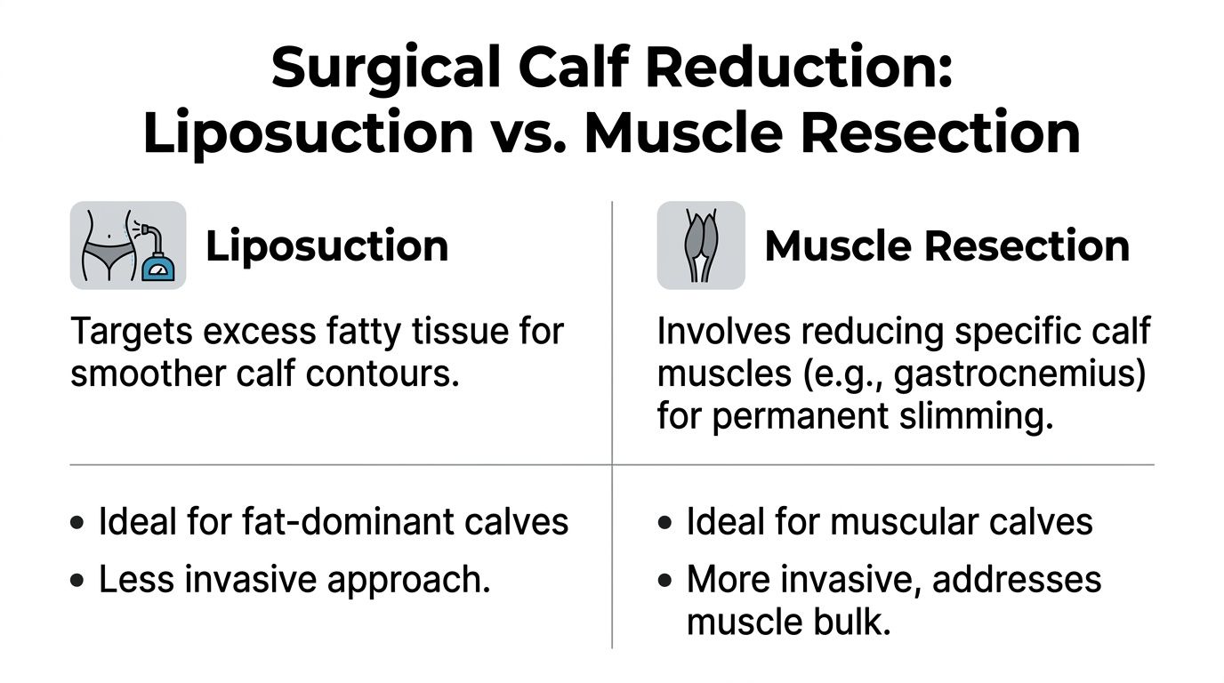 A comparison chart explaining the differences between liposuction and muscle resection for surgical calf reduction procedures.