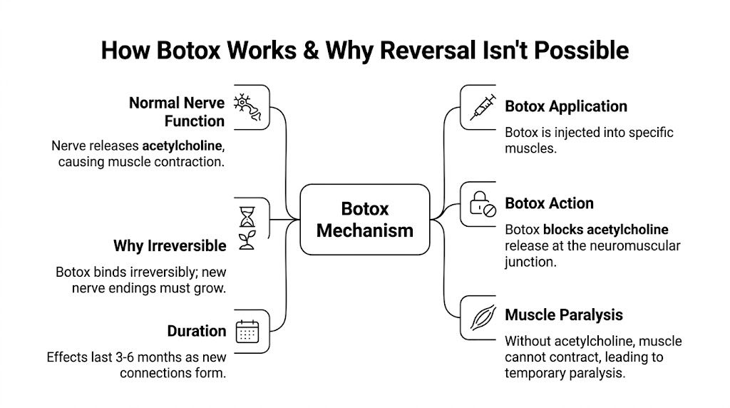 An infographic explaining how Botox works and why its muscle-relaxing effects are biologically irreversible.