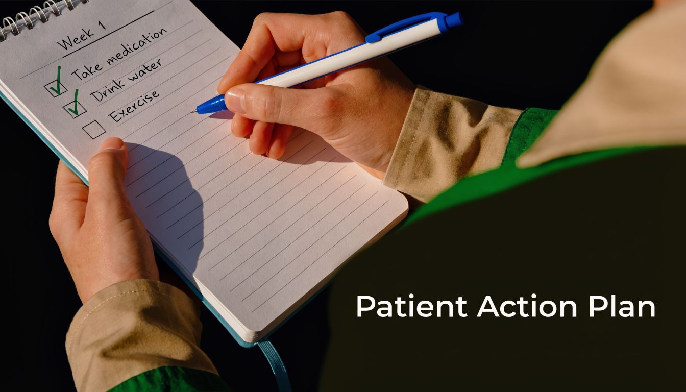 A person writing a patient action plan checklist in a notebook during a healthcare or wellness session.