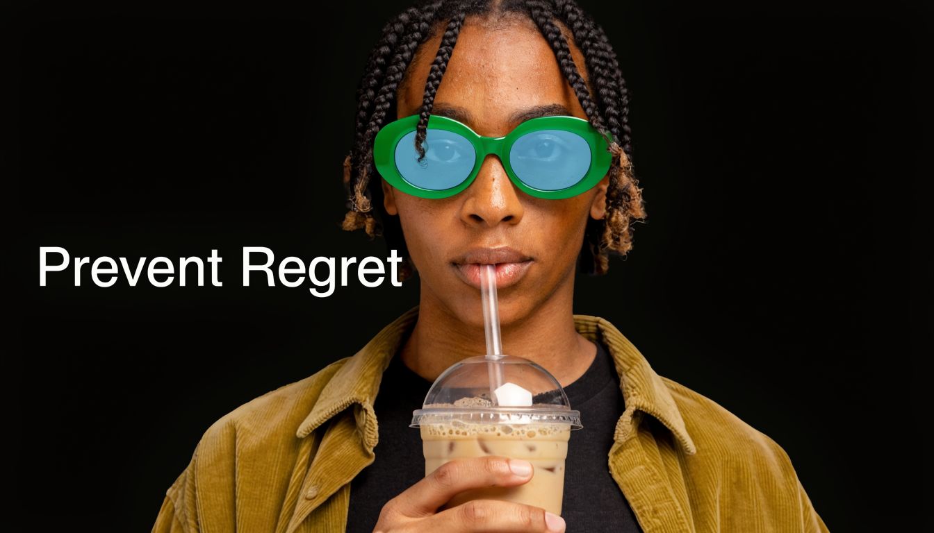 A young person with braided hair wearing green sunglasses and a corduroy shirt, holding an iced coffee.