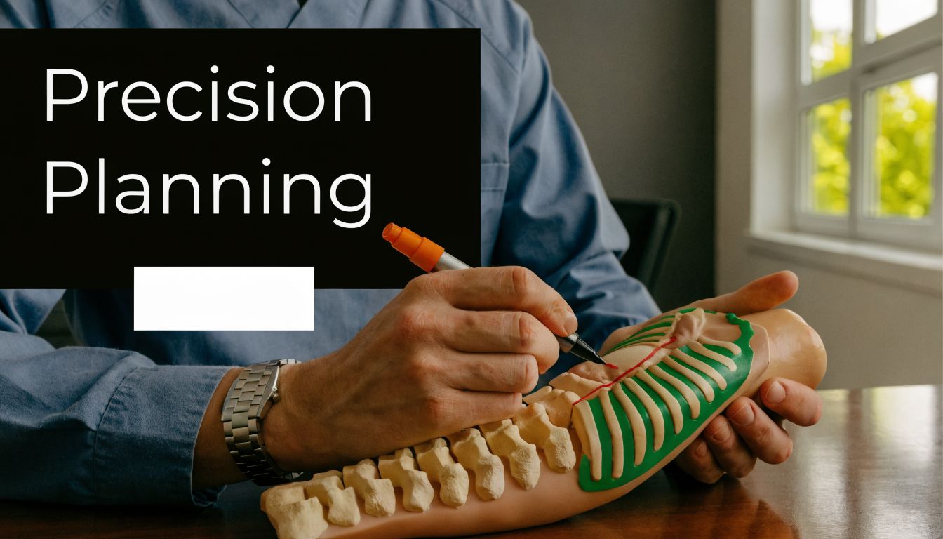 A surgeon uses a marker to plan a procedure on a anatomical spine and rib cage model.