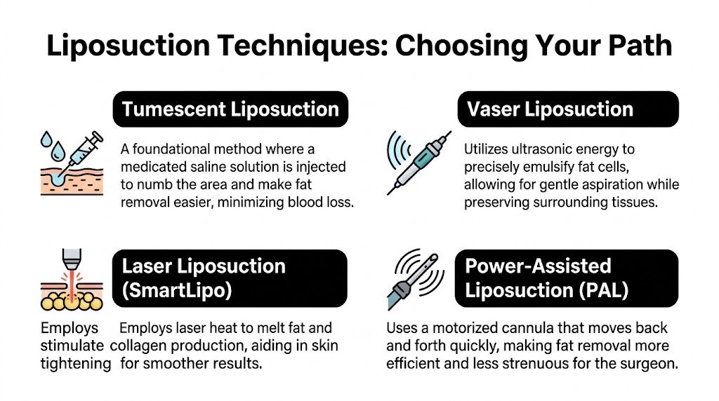 An infographic showing four common types of liposuction procedures including Tumescent, Vaser, Laser, and Power-Assisted techniques.