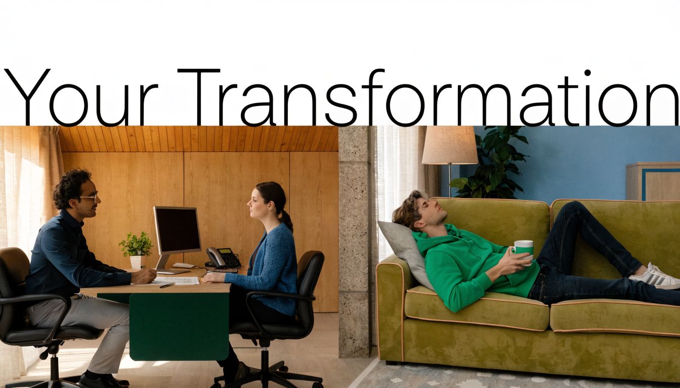 A split scene comparing two people working at a desk with a man lounging on a couch.