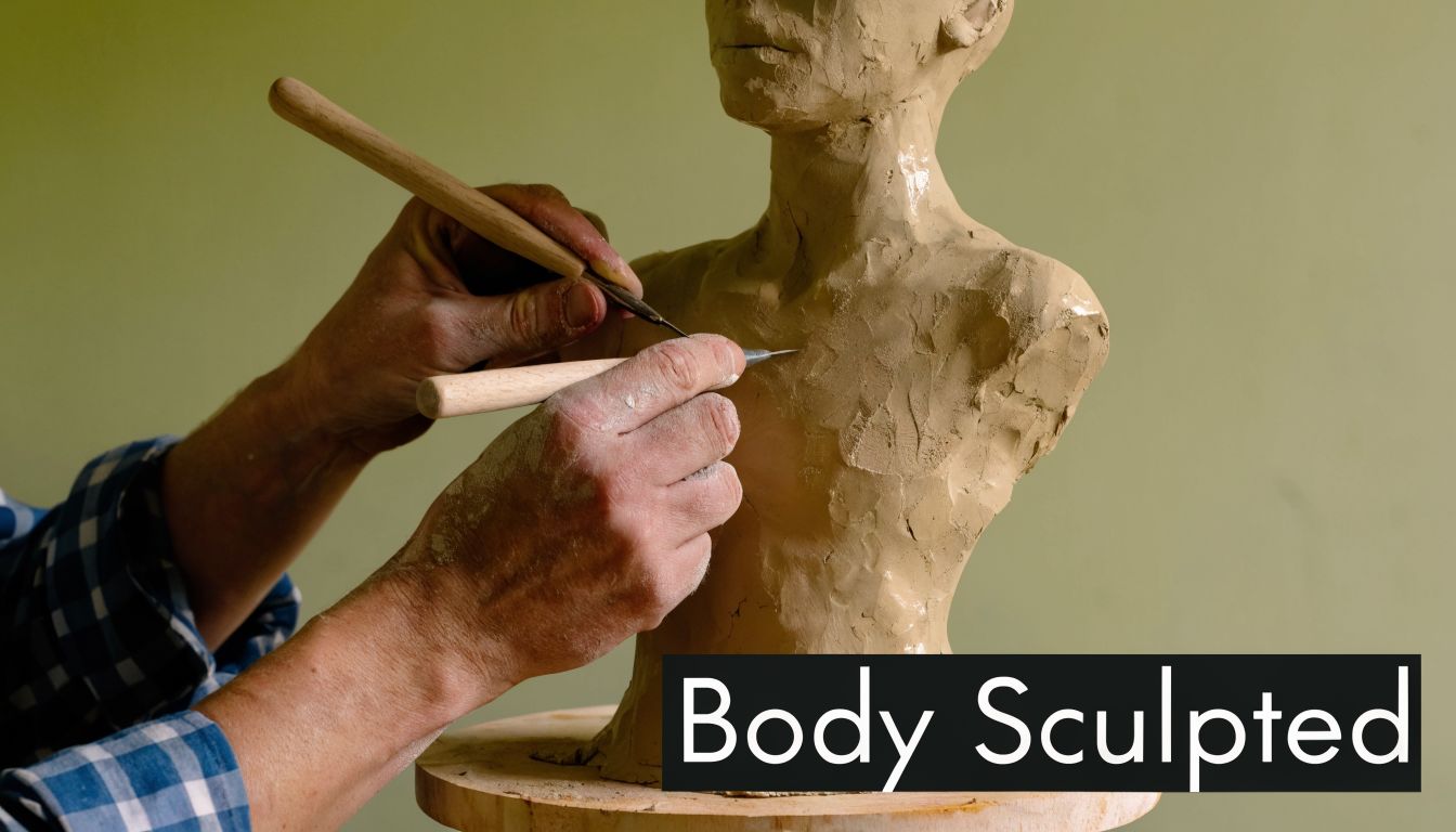 A sculptor carefully detailing the clay chest of a human bust figurine using specialized carving tools.